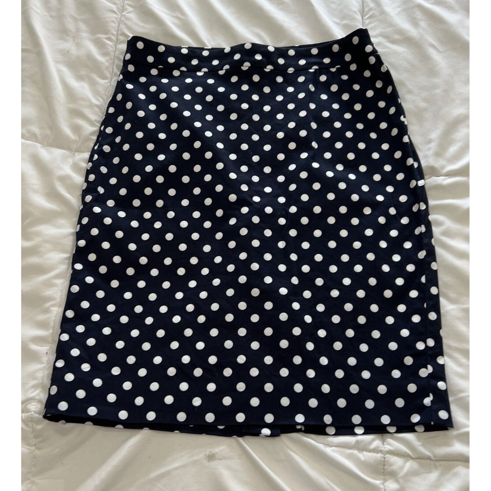 J. Crew Pencil Skirt Size: 0 Navy Blue/White Polka Dot Back Zip Slit - Picture 3 of 8